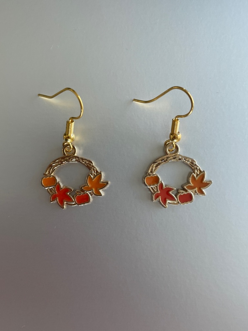 Gold Tone Autumn Leaf and Pumpkin Dangle Earrings - Orange & Red